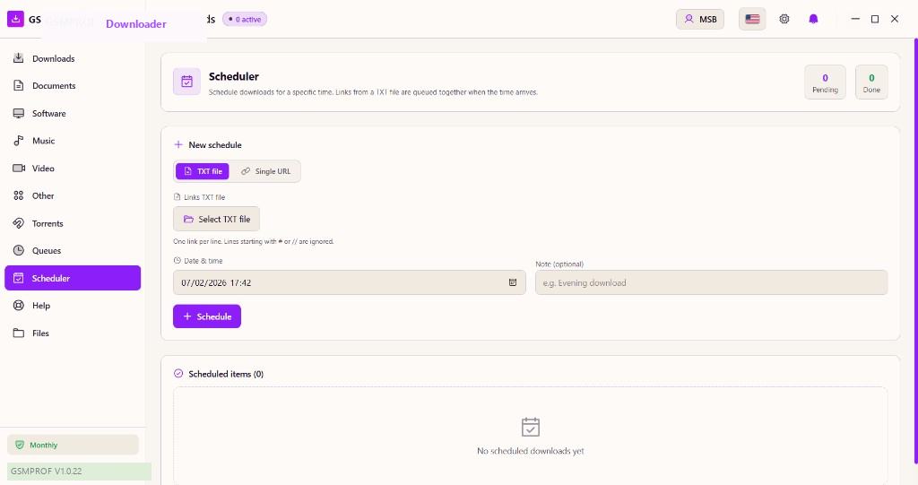 GSMPROF Downloader — Scheduler